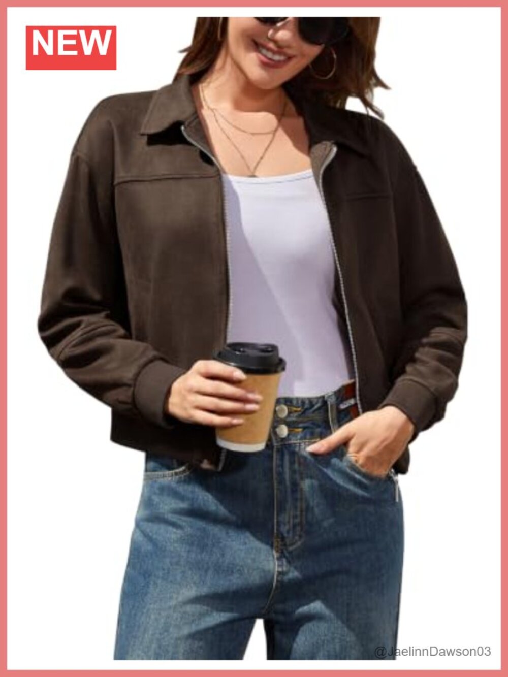 Faux Suede Bomber Jacket Zip Up Cropped Coat with Pockets
